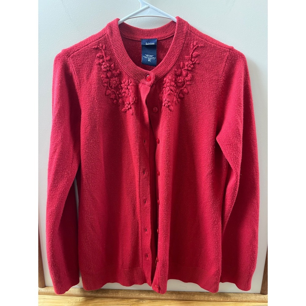 Vintage Women's Cardigan Sweater Small Red Floral Embroidered Detail